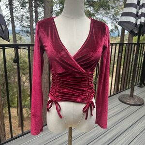Velvet Ruched Wrap Top - Red